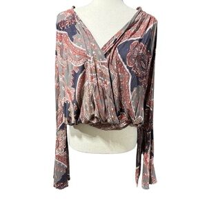 Free People Paisley Top Cropped Deep V Medium Tie Side Forest Fairy Bell Sleeve